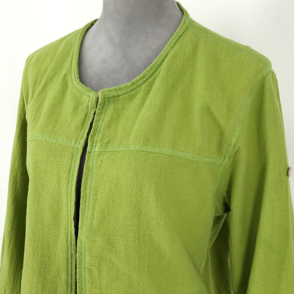 Chicos Jacket 1 Womens Medium 8 Green Full Zip Pockets Roll Tab Sleeve FLAW - Picture 9 of 16